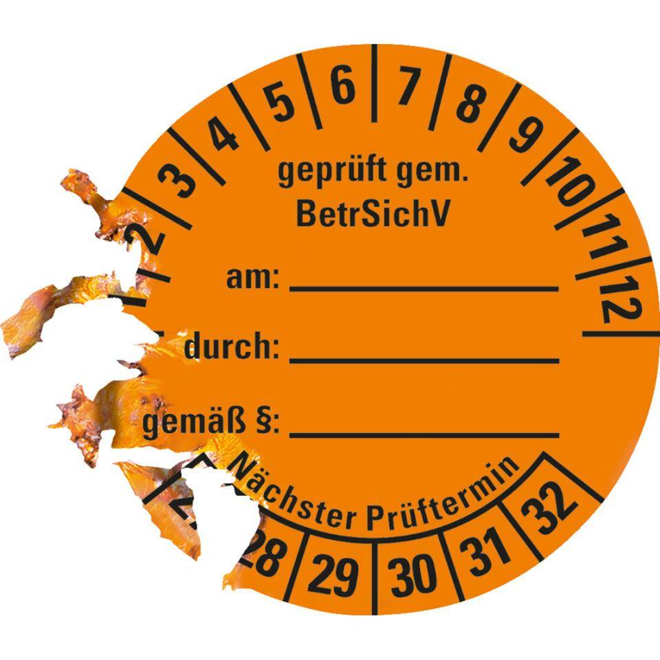 Prüfplakette gemäß BetrSichV, beschriftbar, 27-32, orange, Dokumentenfolie, Ø40mm, 10/BOG-2