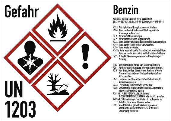 Aufkleber Gefahrstoffkennzeichnung Benzin nach GHS, Folie, 105x74 mm, Idx 2019-0