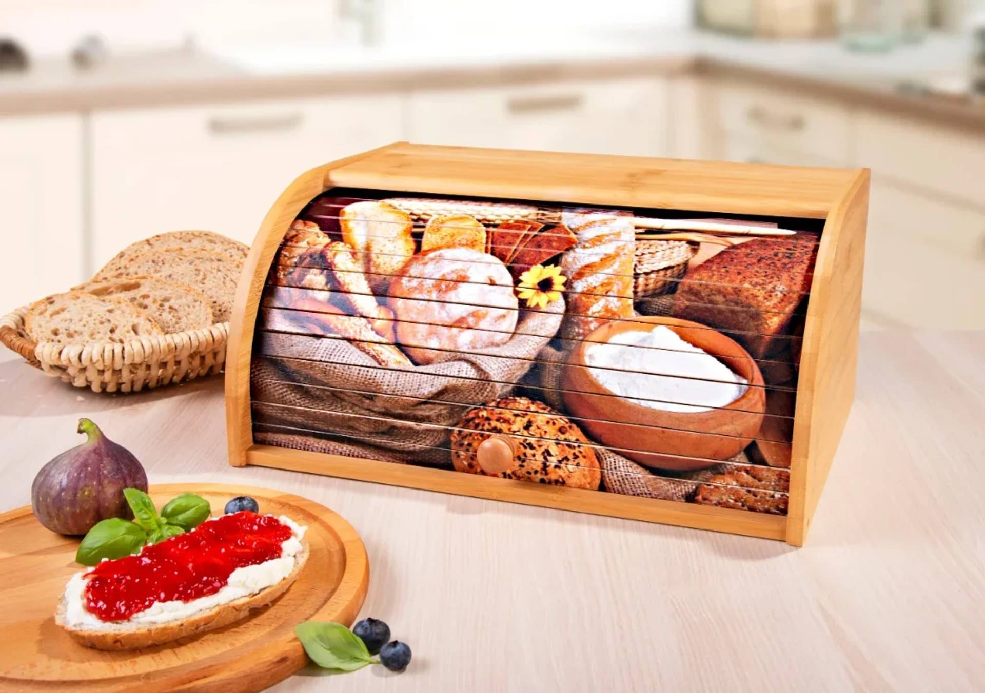 Bambus Brotkasten mit Rolldeckel (Motiv: Brotauswahl)-3