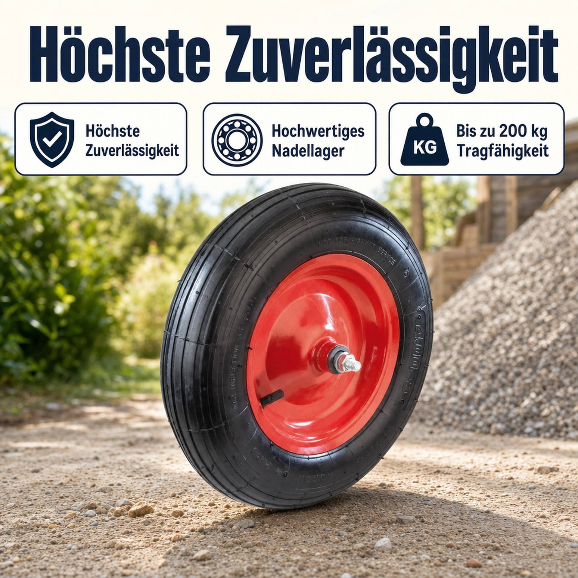 Schubkarrenrad mit Achse, Bohrung 20 mm, Gewinde 12 mm, 1 Stück-4
