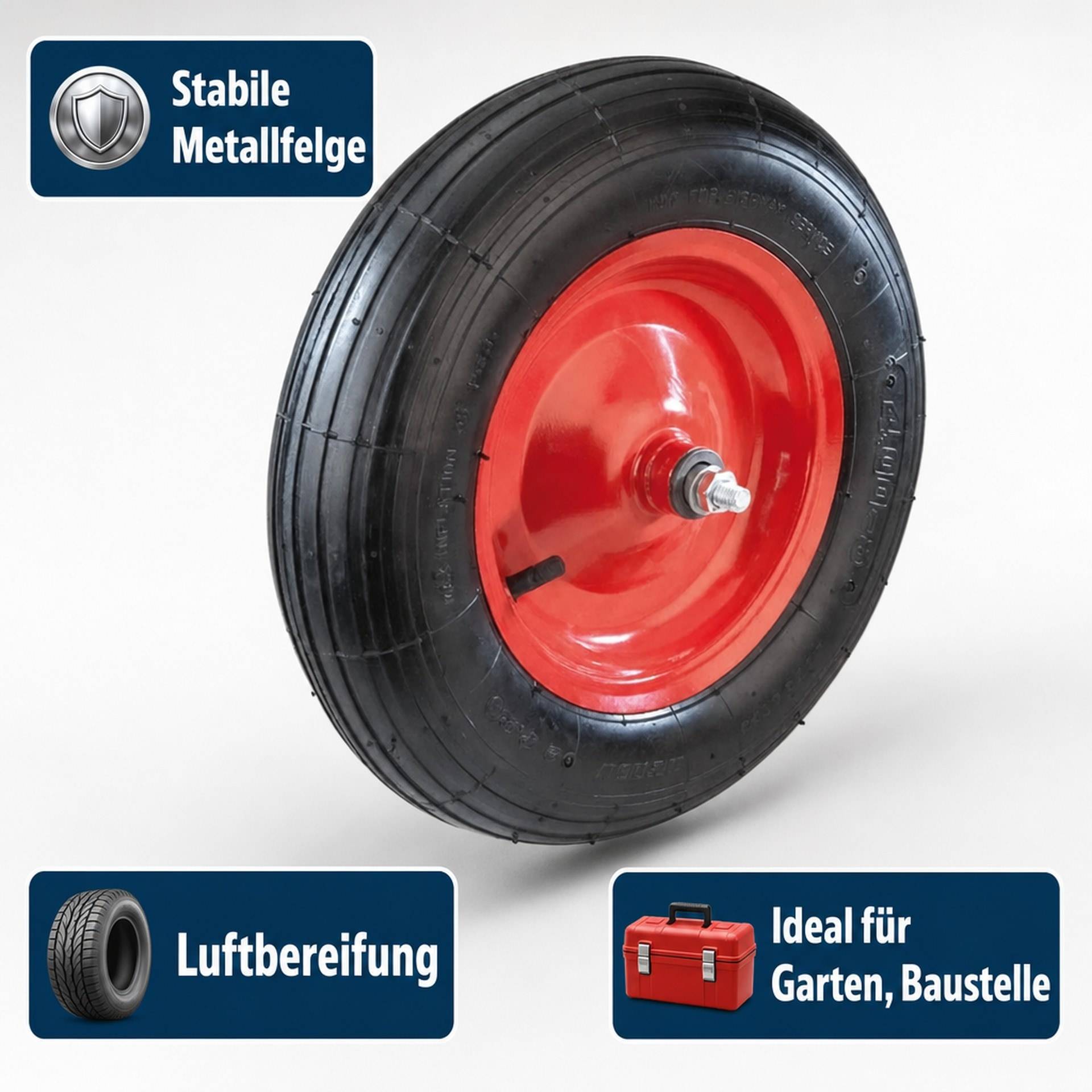 Schubkarrenrad mit Achse, Bohrung 20 mm, Gewinde 12 mm, 1 Stück-5