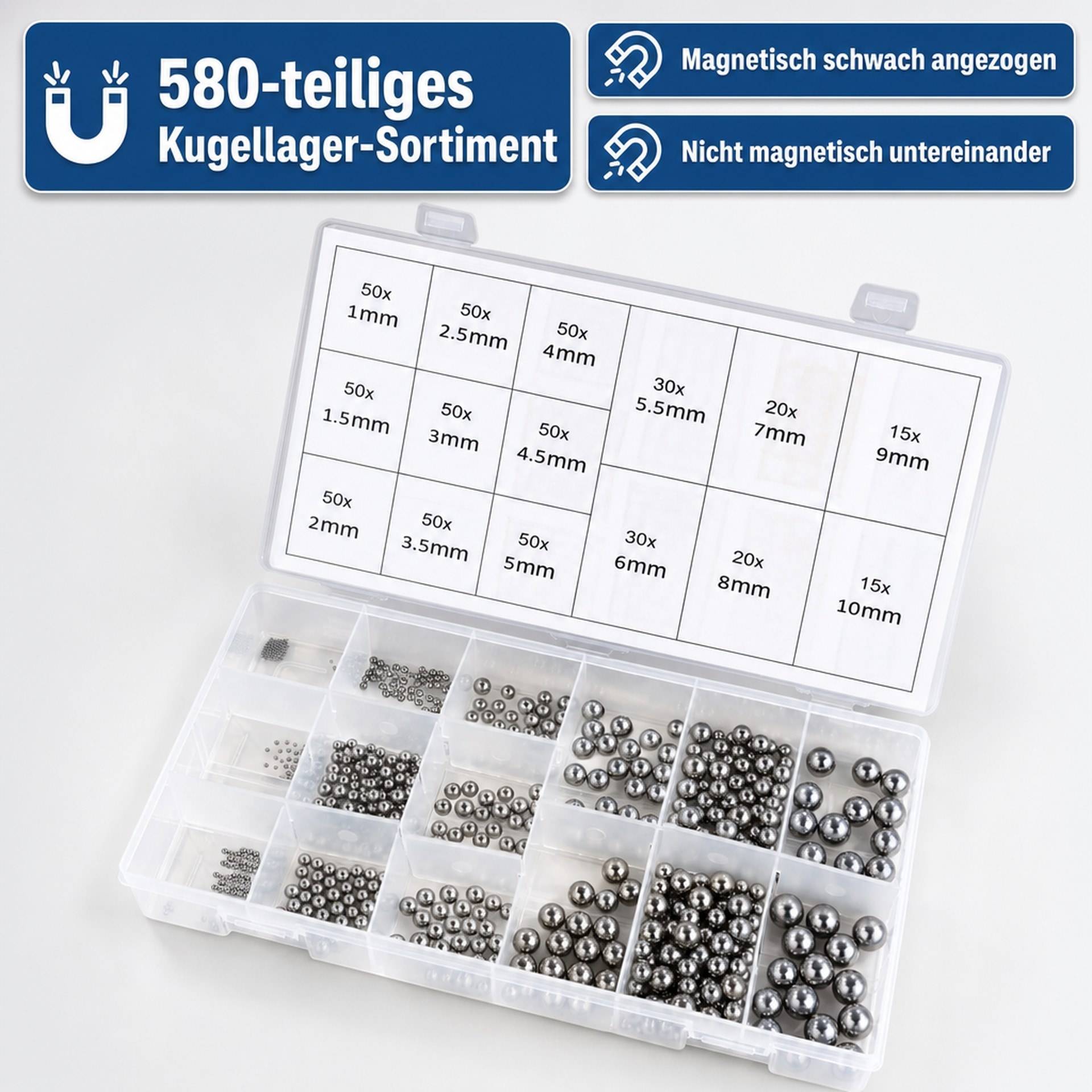 Westfalia Edelstahl Kugellager-Kugeln Sortiment, 580 teilig-1