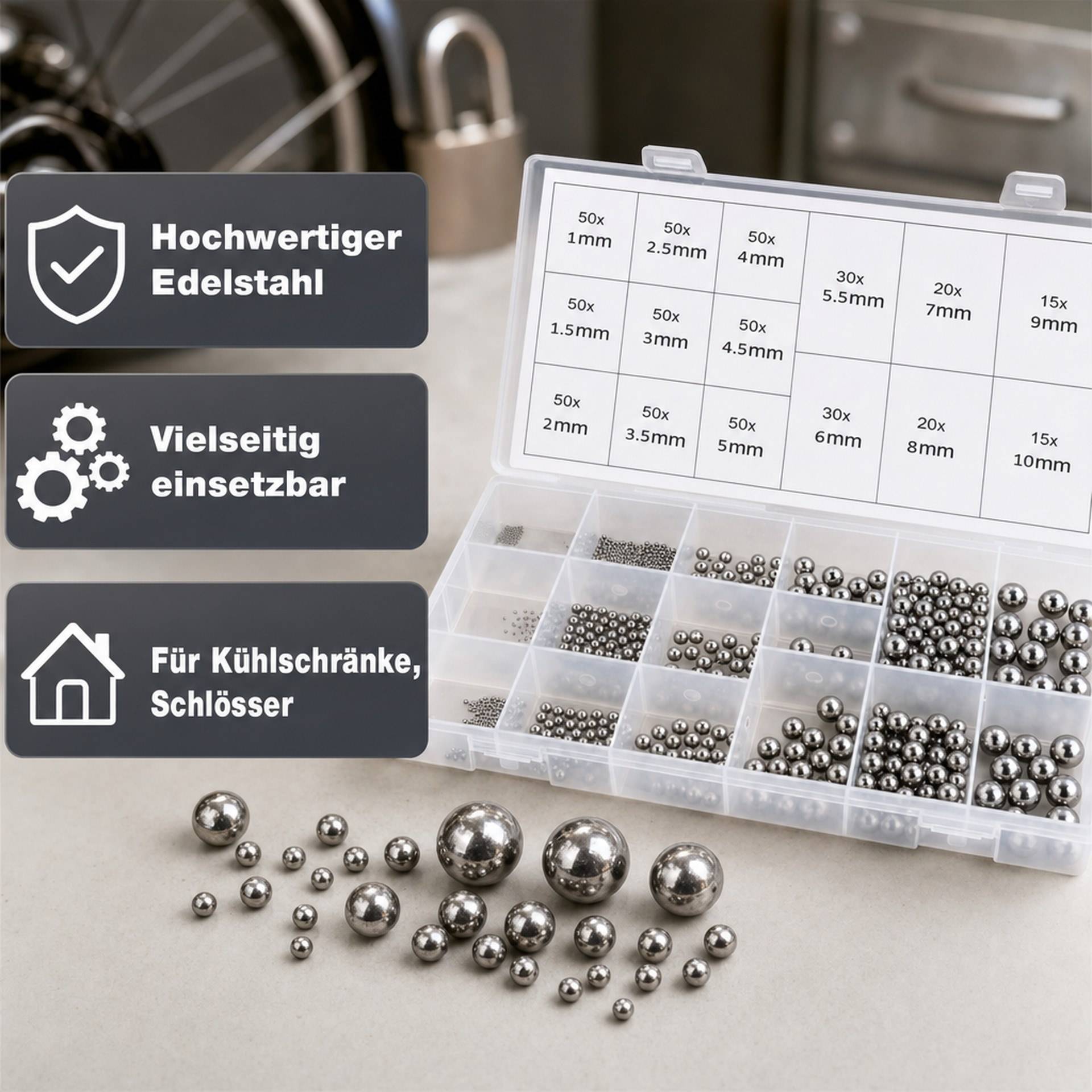 Westfalia Edelstahl Kugellager-Kugeln Sortiment, 580 teilig-2