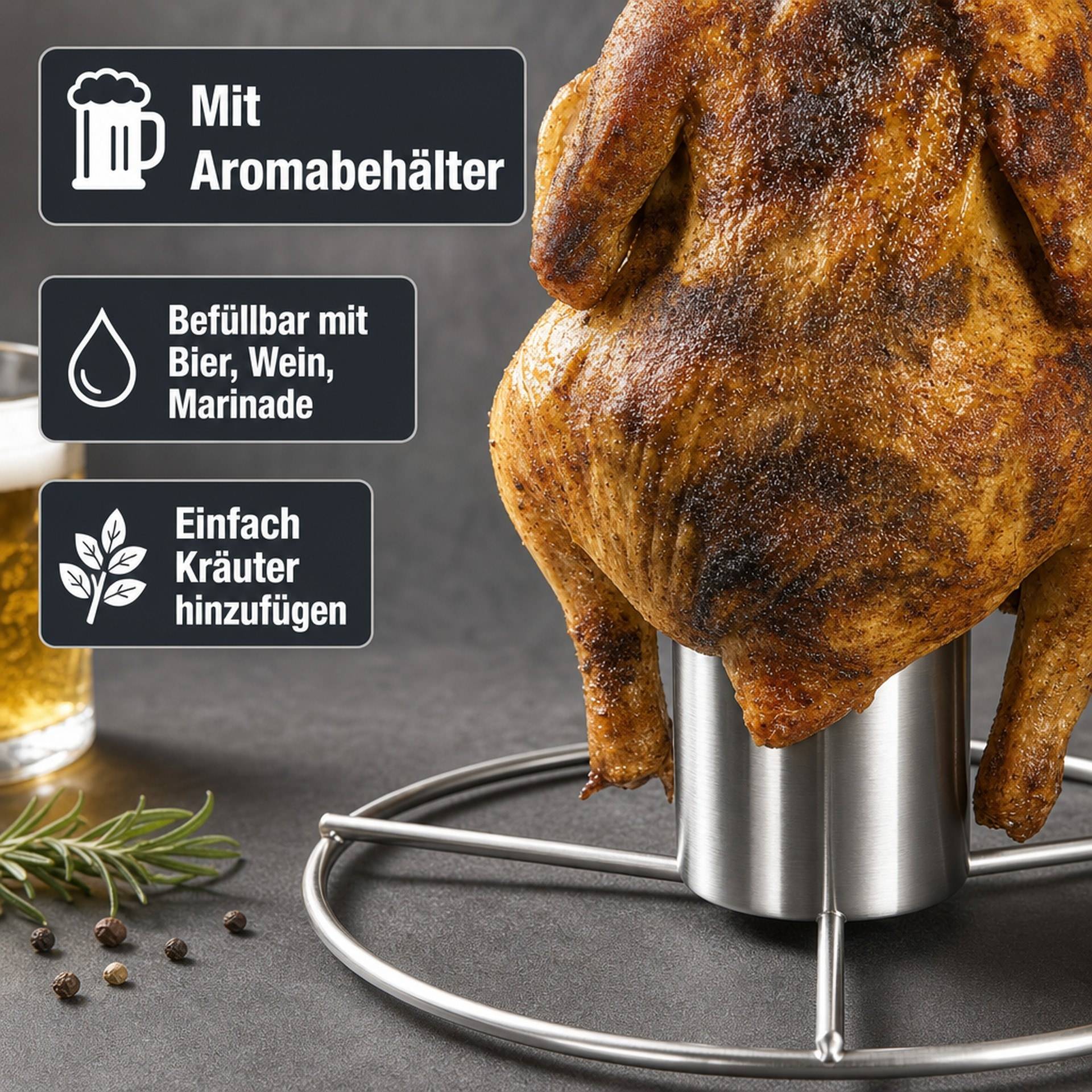 Grill-Hähnchenhalter mit Aromabehälter, Edelstahl-4