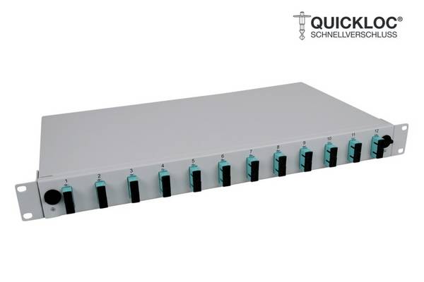 LWL Spleißbox Quick 12xSC Duplex OM3 spleißfertig 1HE, ausziehbar, lichtgrau, teilbestückt