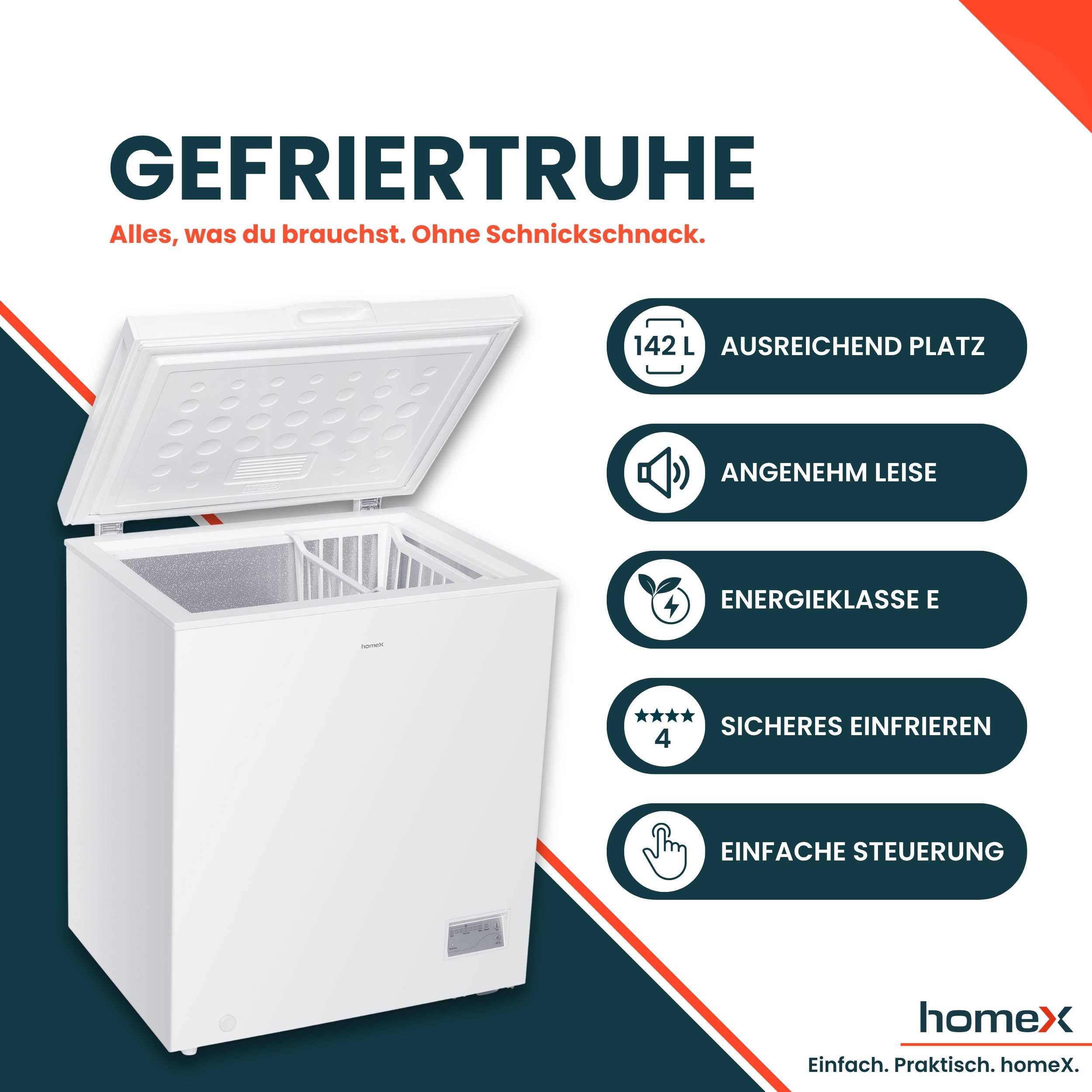 homeX FT1421-W Gefriertruhe, Tiefkühltruhe klein - 142 Liter Nutzinhalt, 4-Sterne Gefrieren, Kühltruhe, leise 38 dB-1