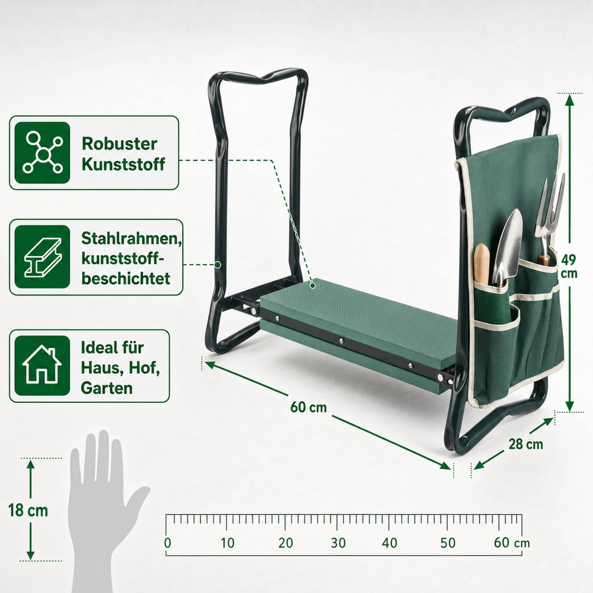 GartenMeister Sitz- und Kniebank 2 in 1 XXL, belastbar bis 150 kg, inklusive Werkzeugtasche-6