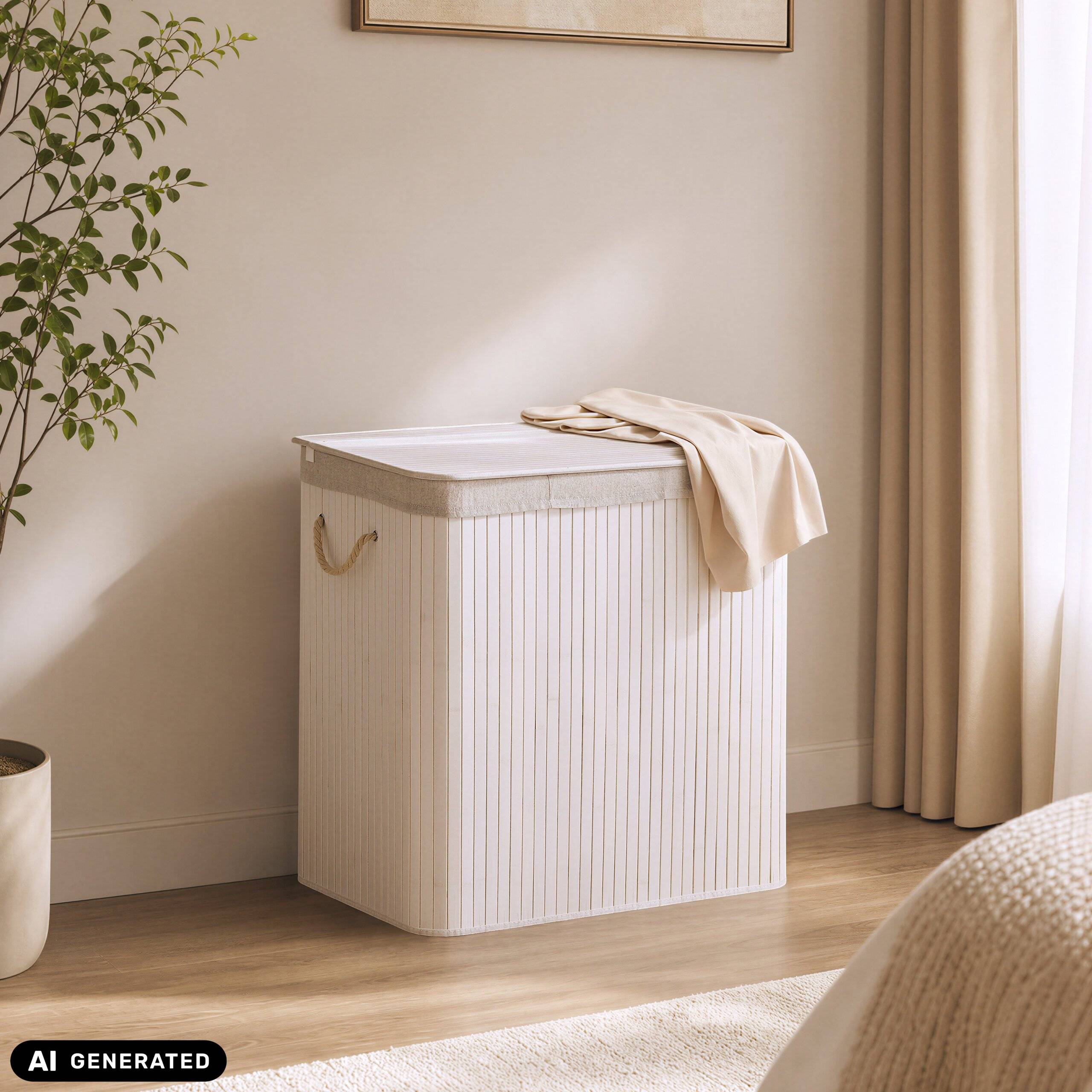 Wäschekorb Wäschesammler Falster XXL B 150 L Bambus weiß 3 Fächer hjh LIVING-4