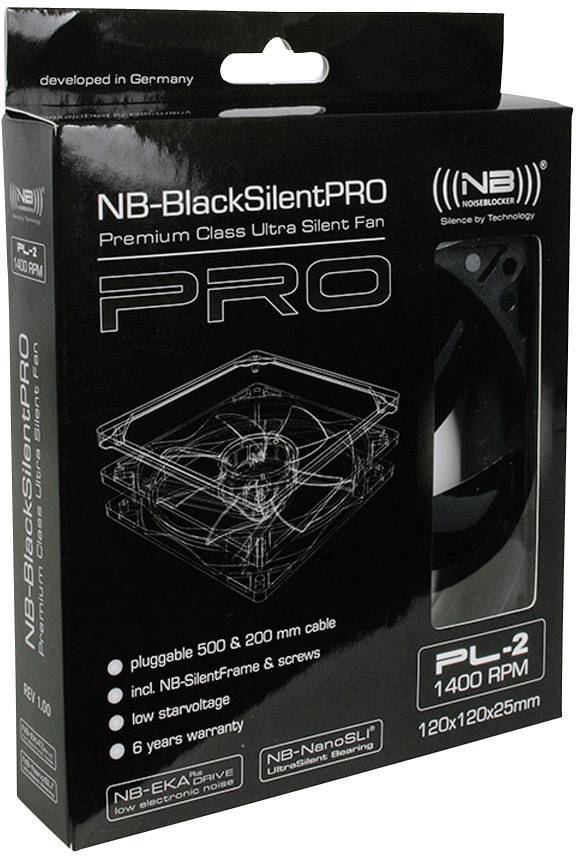 'NB-BlackSilentPRO PL-2 1400 RPM Lüfter' Verpackung, 120x120x25 mm. Enthält Kabel, Schrauben und 6 Jahre Garantie. Entwickelt in Deutschland.