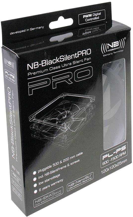 Schwarzer Karton der Marke NB mit durchsichtigem Fenster, zeigt einen leisen Lüftertyp 'BlackSilentPRO', PWM-gesteuert, 120mm Größe.