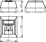 Technische Zeichnung eines elektrischen Schalters mit Abmessungen. Zeigt Vorderansicht, Seitenansicht und Draufsicht. Maße sind: Breite 65 mm, Höhe 65 mm.