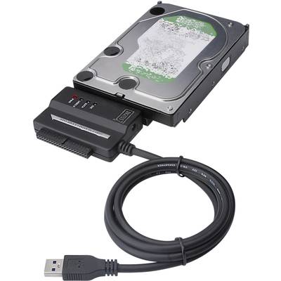 Externe Festplatte mit eingebautem SATA/IDE-Konverter und USB-Kabel, bereit für den Anschluss an einen Computer.