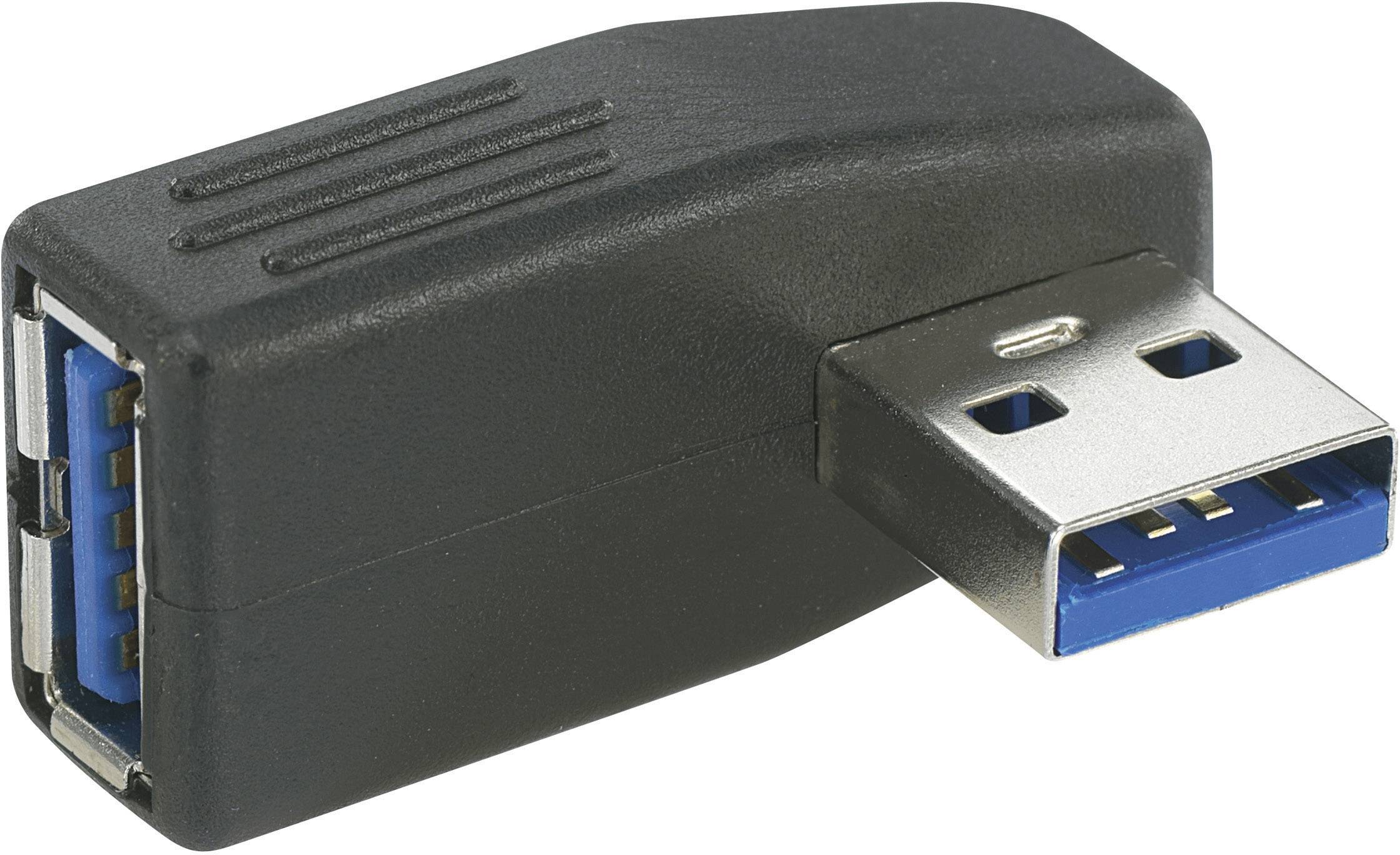 Ein schwarzer USB-Adapter mit einem USB-A-Stecker auf einer Seite und einem USB-A-Buchse auf der anderen Seite, dient zur Verbindung von USB-Geräten.