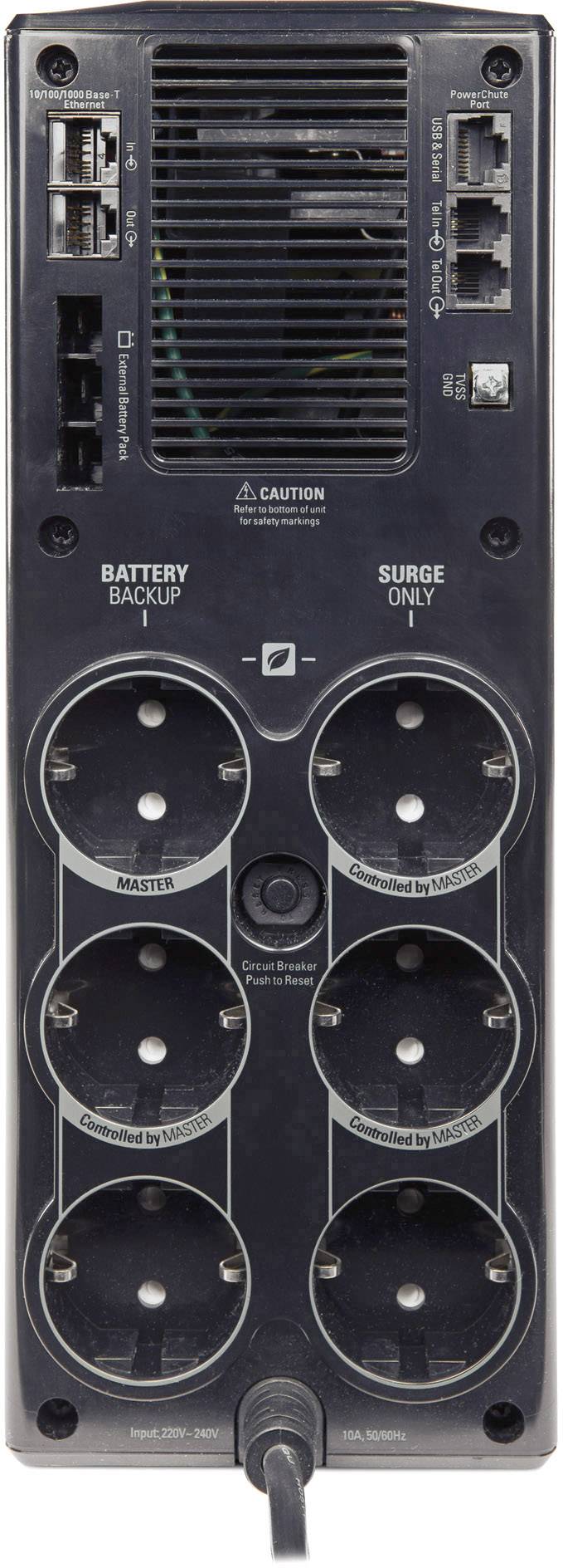 'Rückansicht einer unterbrechungsfreien Stromversorgung (USV) mit mehreren Steckdosen und Netzwerkkabelanschlüssen.'