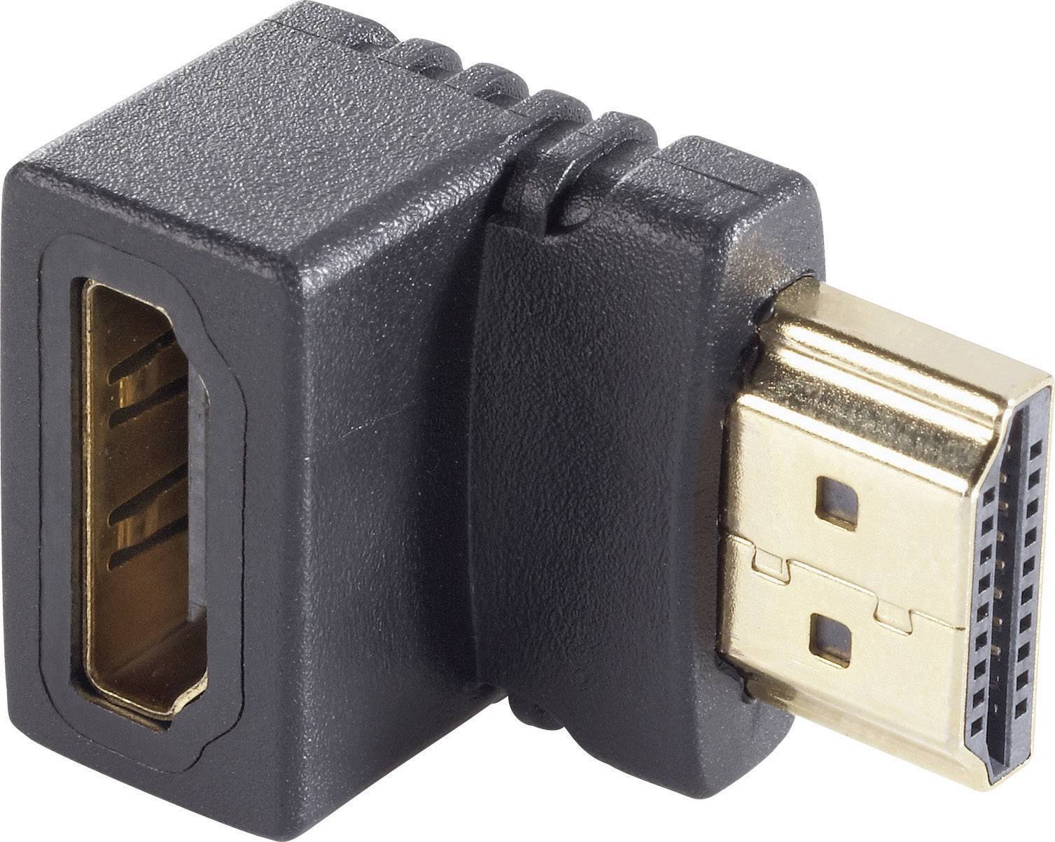 Ein schwarzer HDMI-Winkeladapter, der einen HDMI-Stecker mit einer HDMI-Buchse verbindet und 90 Grad abgewinkelt ist.