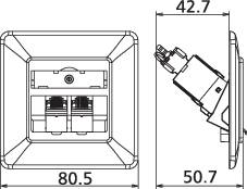 Technische Zeichnung einer Wandsteckdose mit Beschriftungen: Größe 86,5 x 22,7 mm vorne, 50,7 mm seitlich, zentrales Icon.