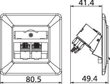 Technische Zeichnung einer elektrischen Anschlussdose mit Maßen 86,5 mm x 43,4 mm. Frontal- und Seitenansicht der Details.