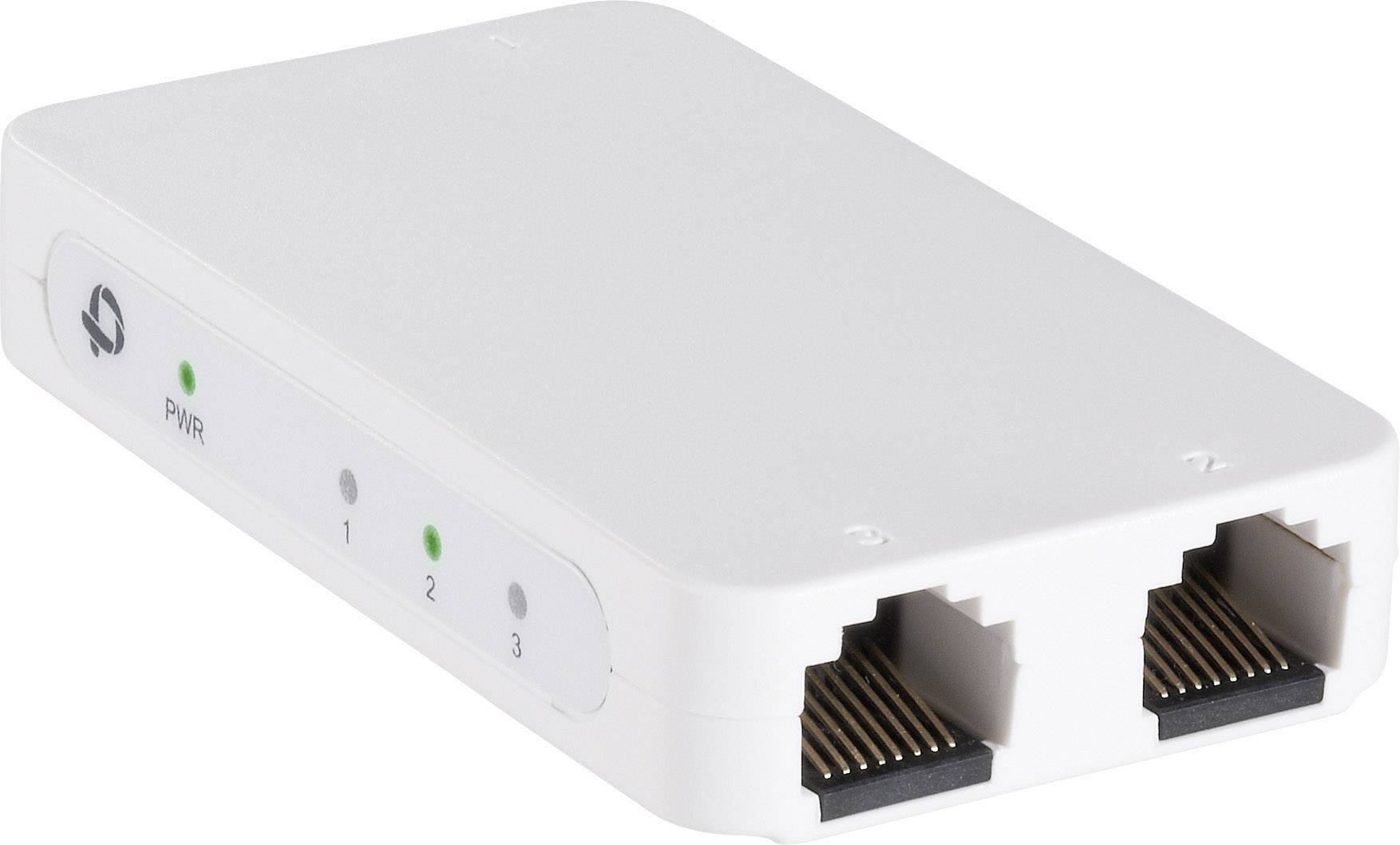 Weißer Netzwerkadapter mit zwei Ethernet-Anschlüssen und drei LED-Anzeigen an der Seite, die den Betriebsstatus anzeigen.