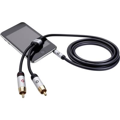 Ein Smartphone liegt auf einem Tisch. Ein Audiokabel ist daran angeschlossen, das in zwei Cinch-Stecker endet, rot und weiß markiert.