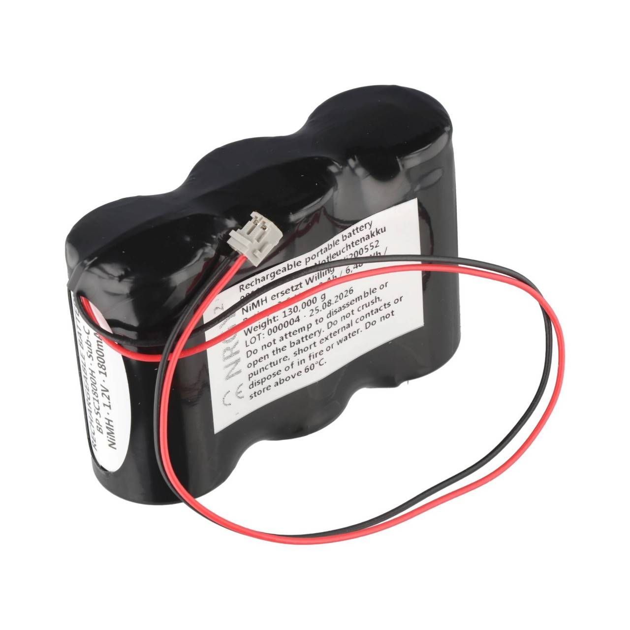 Notleuchtenakku NiMH 3,6V 1800mAh F1x3 Sub-C mit 200mm Kabel und Stecker ersetzt Willing Wi200552-0