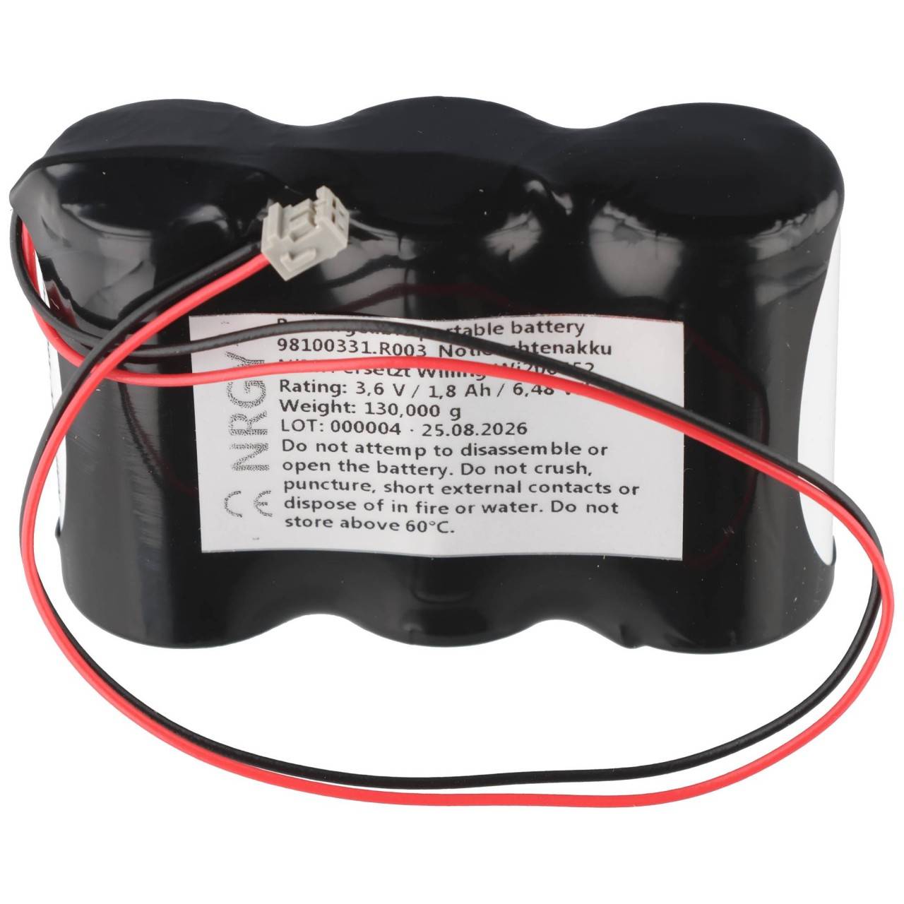 Notleuchtenakku NiMH 3,6V 1800mAh F1x3 Sub-C mit 200mm Kabel und Stecker ersetzt Willing Wi200552-2