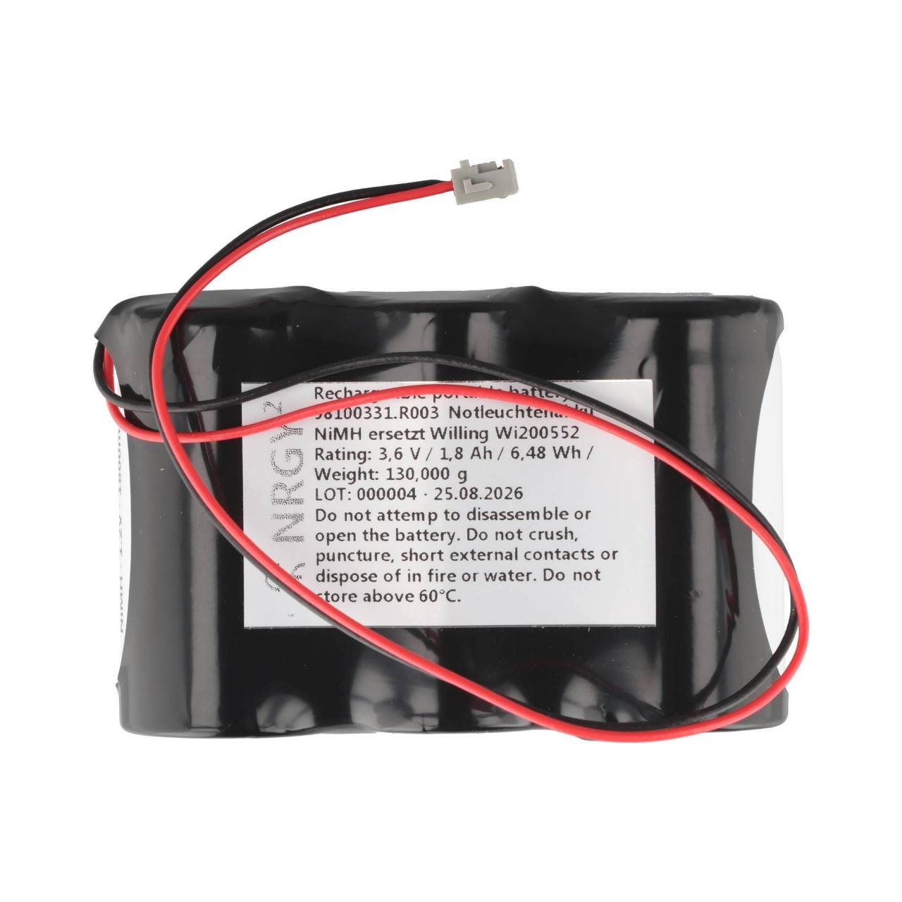 Notleuchtenakku NiMH 3,6V 1800mAh F1x3 Sub-C mit 200mm Kabel und Stecker ersetzt Willing Wi200552-3