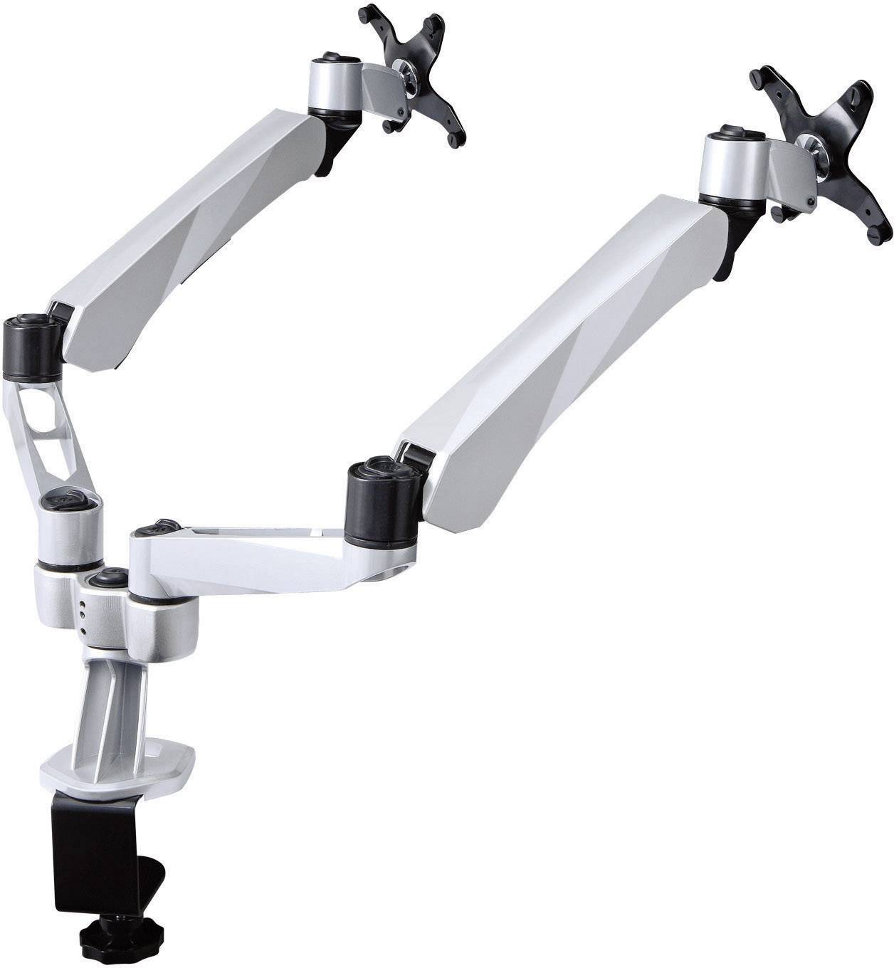 Ein flexibler, doppelarmiger Monitorhalter aus Metall, geeignet zur Befestigung von zwei Monitoren, mit verstellbaren Gelenken.