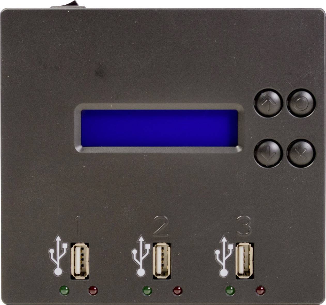 Schwarzes Bedienfeld mit blauem Bildschirm, drei USB-Anschlüssen und Kontrollleuchten. Zwei Bedientasten oben rechts.