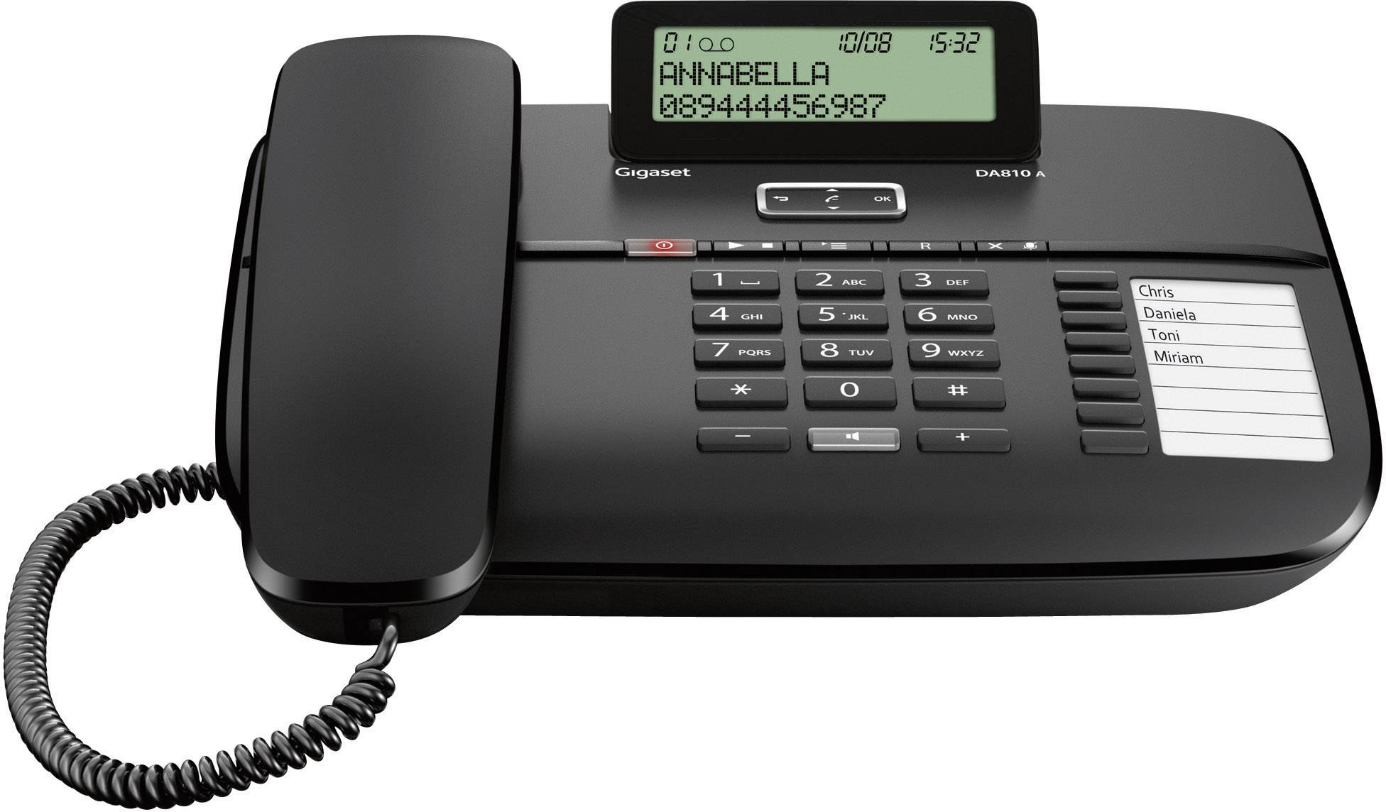 Schwarzes Festnetztelefon mit Display, das 'Annabella 08944445987' zeigt. Auf der rechten Seite sind Namen: Chris, Daniela, Tom, Miriam.