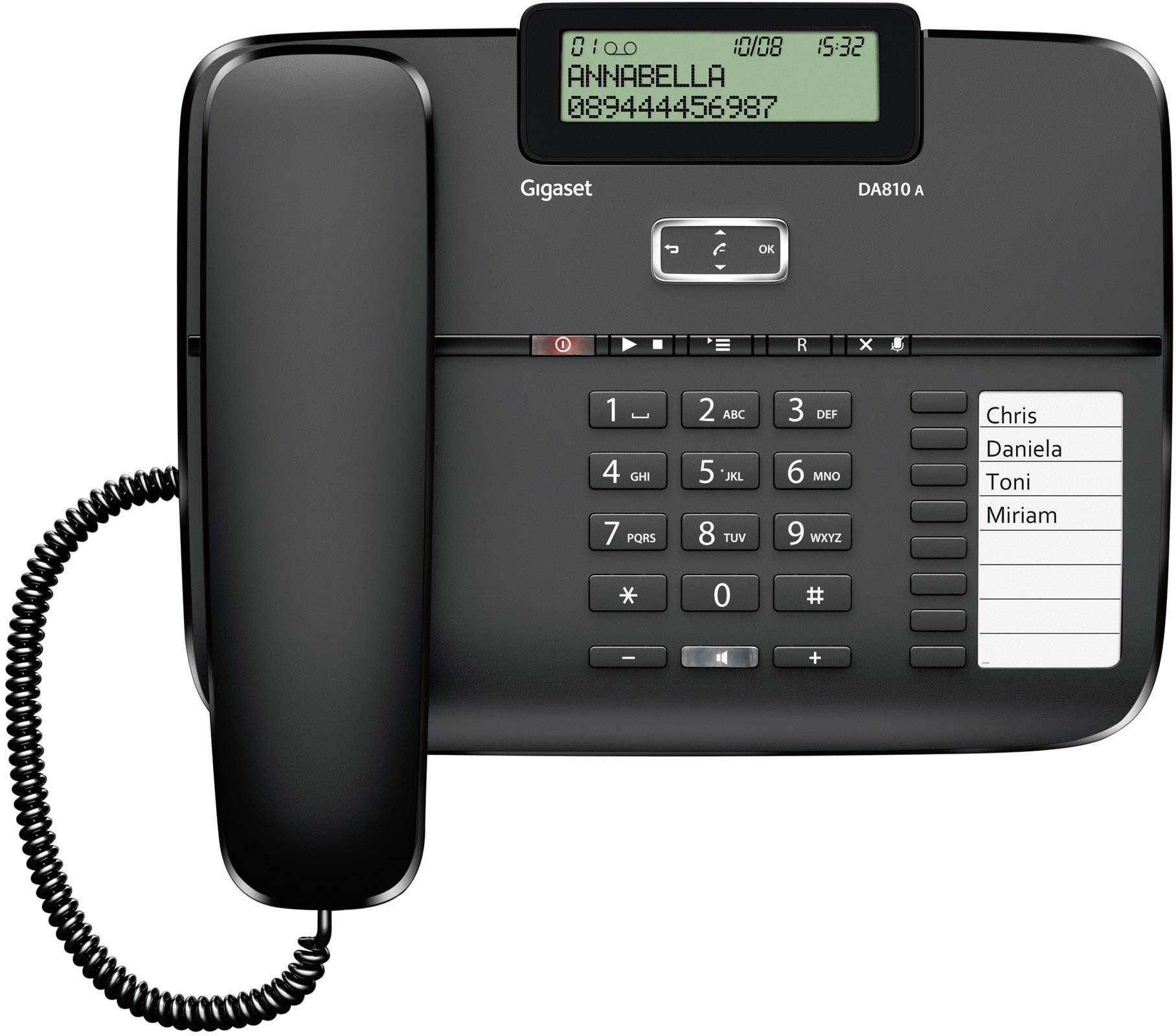 Ein schwarzes Festnetztelefon mit Display, auf dem 'ANNABELLA' und eine Telefonnummer angezeigt werden. Tasten zentriert.