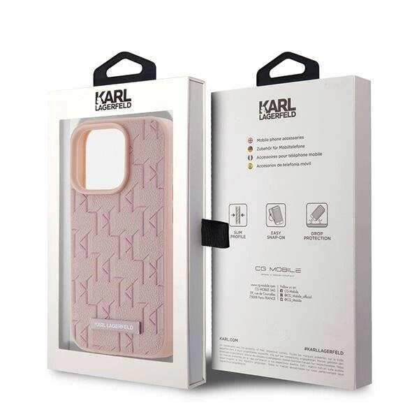 Karl Lagerfeld Leder-Monogramm-Metall-Logo-Hülle iPhone 15 Pro – Rosa-1