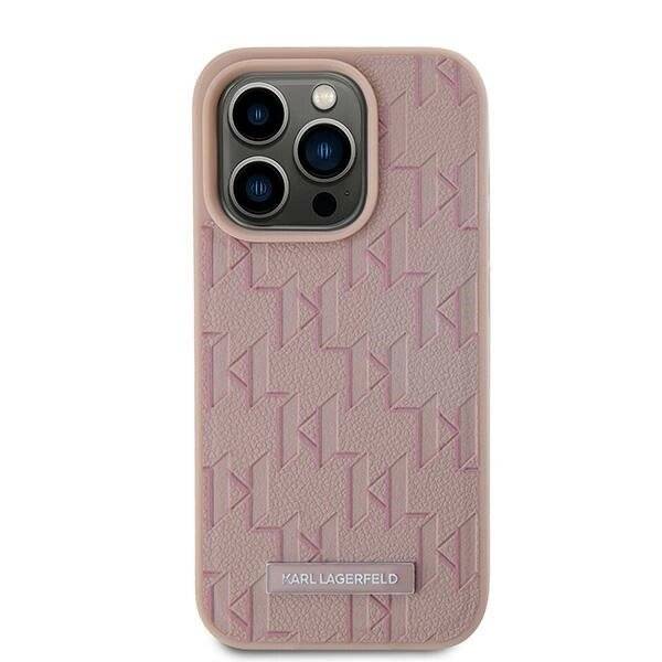 Karl Lagerfeld Leder-Monogramm-Metall-Logo-Hülle iPhone 15 Pro – Rosa-3