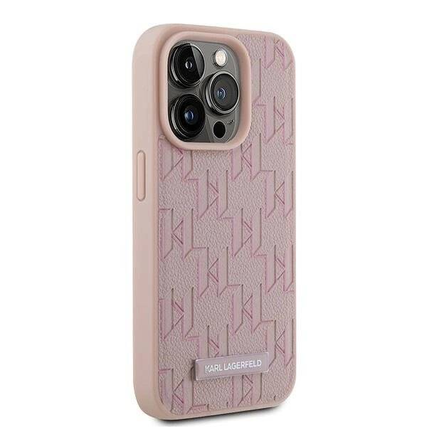 Karl Lagerfeld Leder-Monogramm-Metall-Logo-Hülle iPhone 15 Pro – Rosa-4