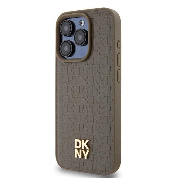 DKNY Leather Pattern Metal Logo MagSafe-Hülle iPhone 14 Pro – Braun-2