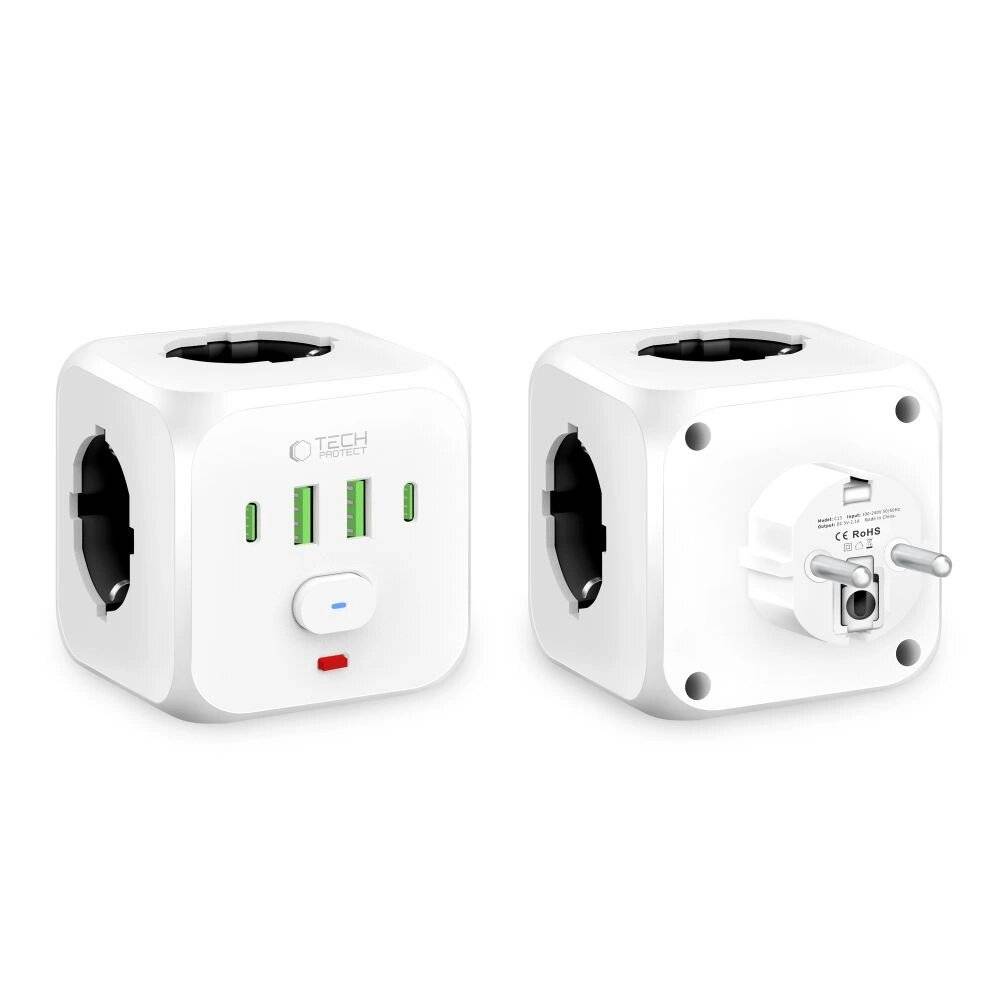 Tech-Protect PCL3x4 Steckdosenleiste, 2x USB-A, USB-C, 3x AC Typ Schuko - Weiß-1