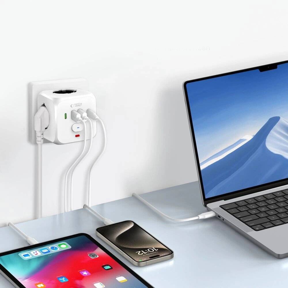 Tech-Protect PCL3x4 Steckdosenleiste, 2x USB-A, USB-C, 3x AC Typ Schuko - Weiß-2