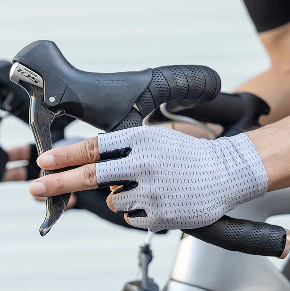 Rockbros Atmungsaktive Kurzfinger-Fahrradhandschuhe, Größe: L - Grau-3