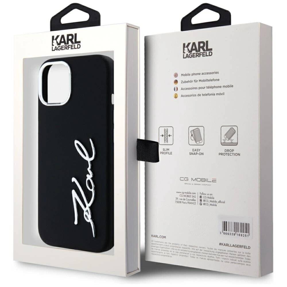Karl Lagerfeld Silikon Metall Script Logo iPhone 15 Hülle - Schwarz-1