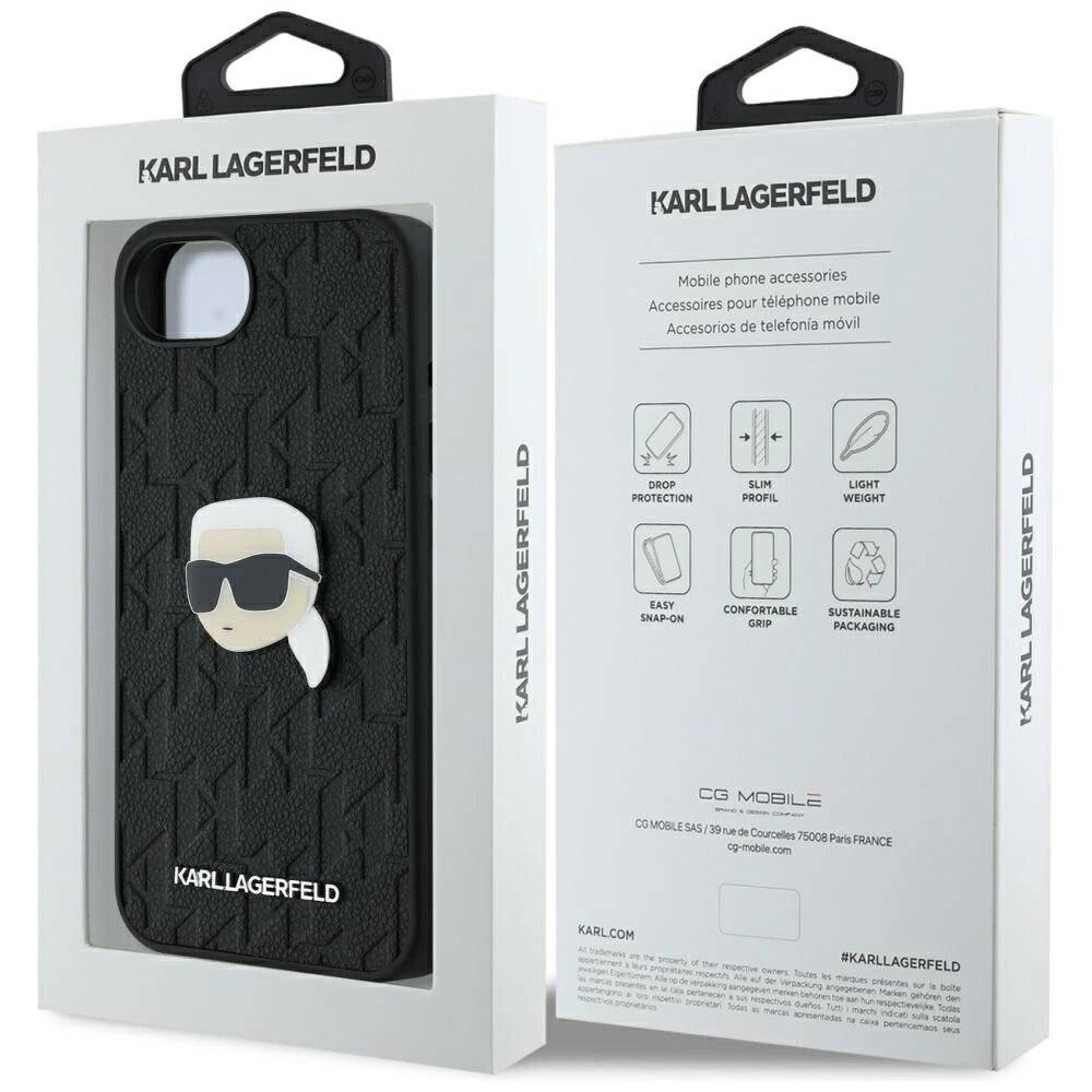 Karl Lagerfeld iPhone 16e Hülle Monogramm-Karl-Kopf-Anstecker - Schwarz-1