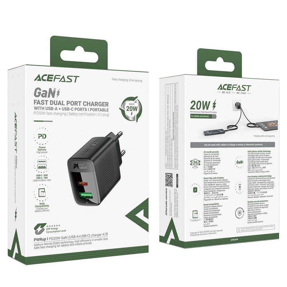 Acefast A78 GaN USB-A / USB-C PD 20W Netzwerkladegerät - Schwarz-4