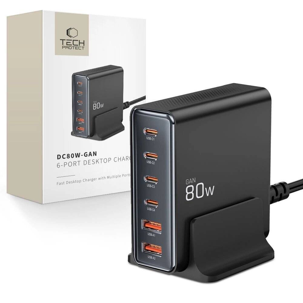 Symbolbild für Tech-protect DC80W-GAN 6-PORT PD80W/QC3.0 Ladestation – Schwarz