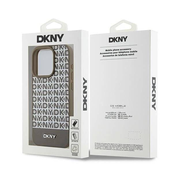 DKNY MagSafe Lederhülle bedrucktem Muster Metalllogo iPhone 15 Pro – Braun-1