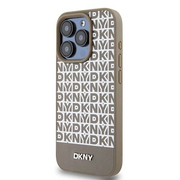 DKNY MagSafe Lederhülle bedrucktem Muster Metalllogo iPhone 15 Pro Max – Braun-1
