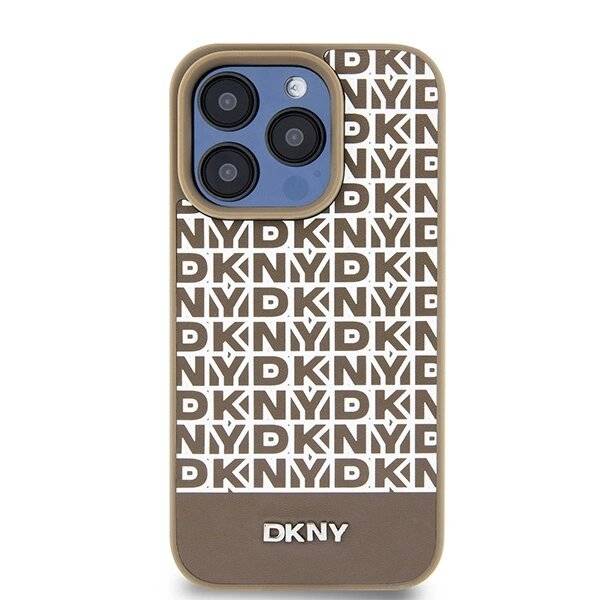 DKNY MagSafe Lederhülle bedrucktem Muster Metalllogo iPhone 15 Pro Max – Braun-2