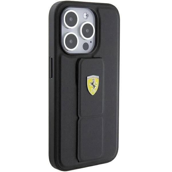 Ferrari Grip Stand Metall-Logo-Hülle iPhone 15 Pro Max – Schwarz-3