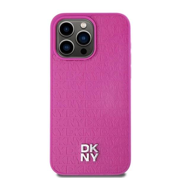 DKNY MagSafe-Hülle Leder Monogrammmuster Metalllogo iPhone 15 Pro Max – Rosa-3