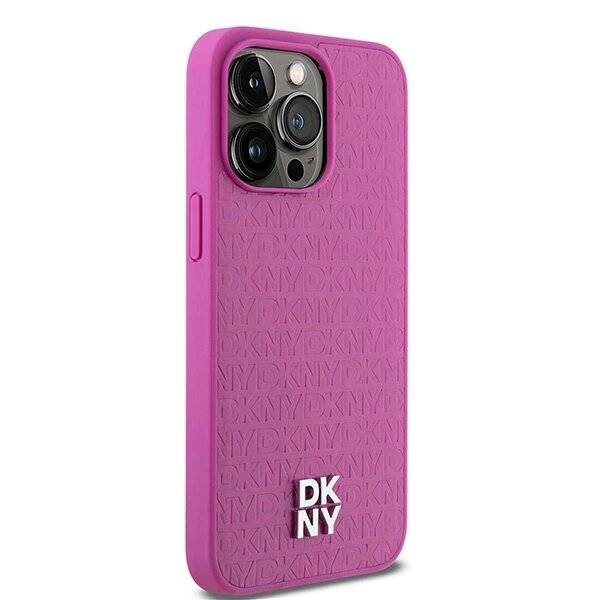 DKNY MagSafe-Hülle Leder Monogrammmuster Metalllogo iPhone 15 Pro Max – Rosa-4
