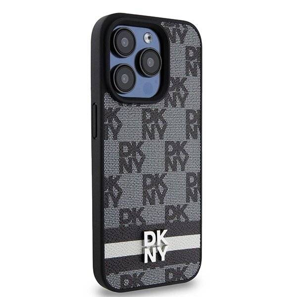 DKNY Lederhülle kariertem Monomuster bedruckten Streifen iPhone 15 Pro Max – Schwarz-4