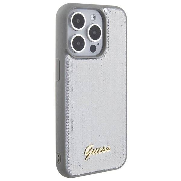 Guess Pailletten-Schriftzug-Metallgehäuse iPhone 15 Pro – Silber-4