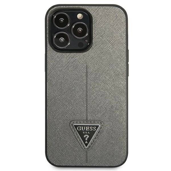 Guess GUHCP14LPSATLG iPhone 14 Pro 6.1″Silber / Silber Hardcase SaffianoTriangle Logo-3